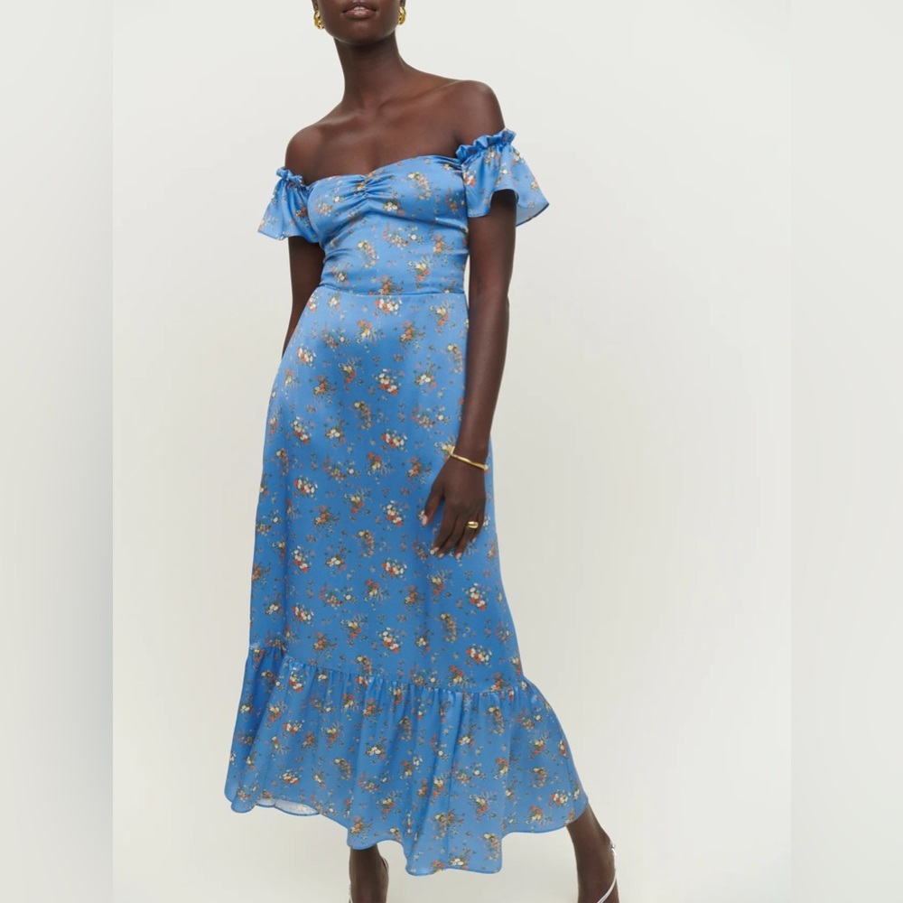 Reformation Sianna Silk dress off the shoulder blue maxi length size 4 NWOT